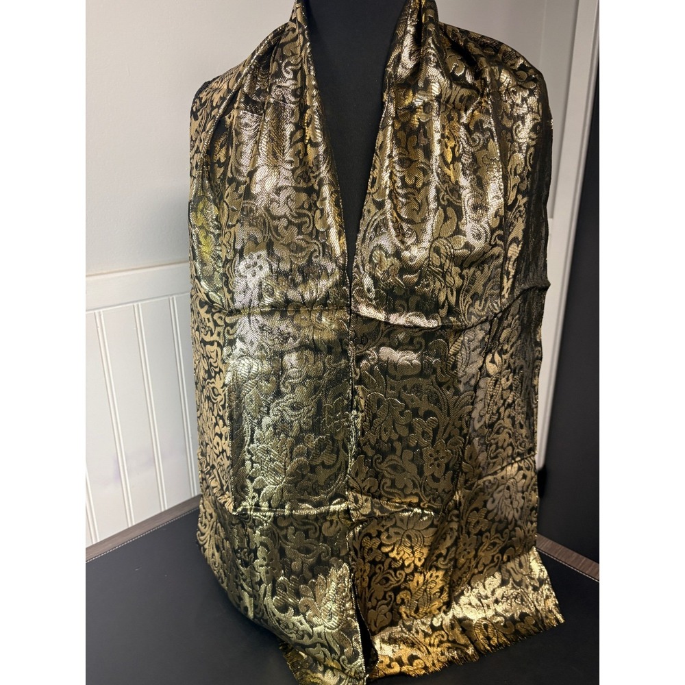 The Specialty House Gold Black Metallic Lurex Brocade Scarf Fringe Japan Vintage